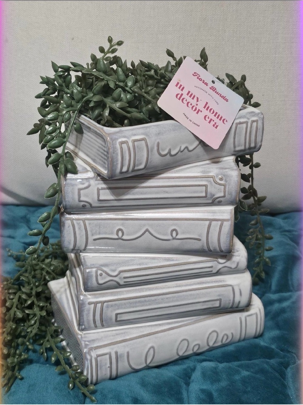 Stacked Ceramic Book Planter vase with greenery viral HTF